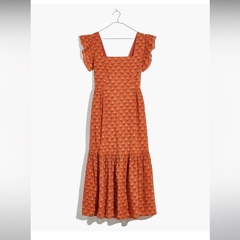 Madewell ruffle strap midi dress with open back tie.